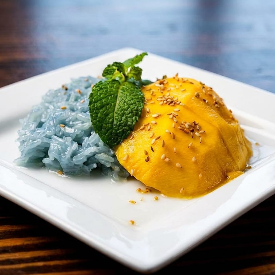 Blue sticky rice and a golden mango half topped with sesame seeds and mint on a white plate.