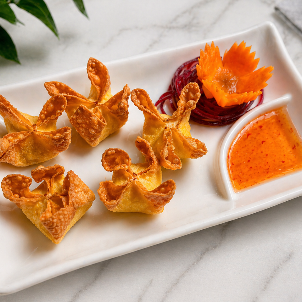 Crispy golden wonton cups served with orange dipping sauce, beet slices, and a carved carrot garnish on a white plate.