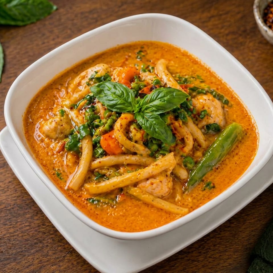 Bowl of creamy orange curry with vegetables, mushrooms, basil, and green beans on a wooden table.