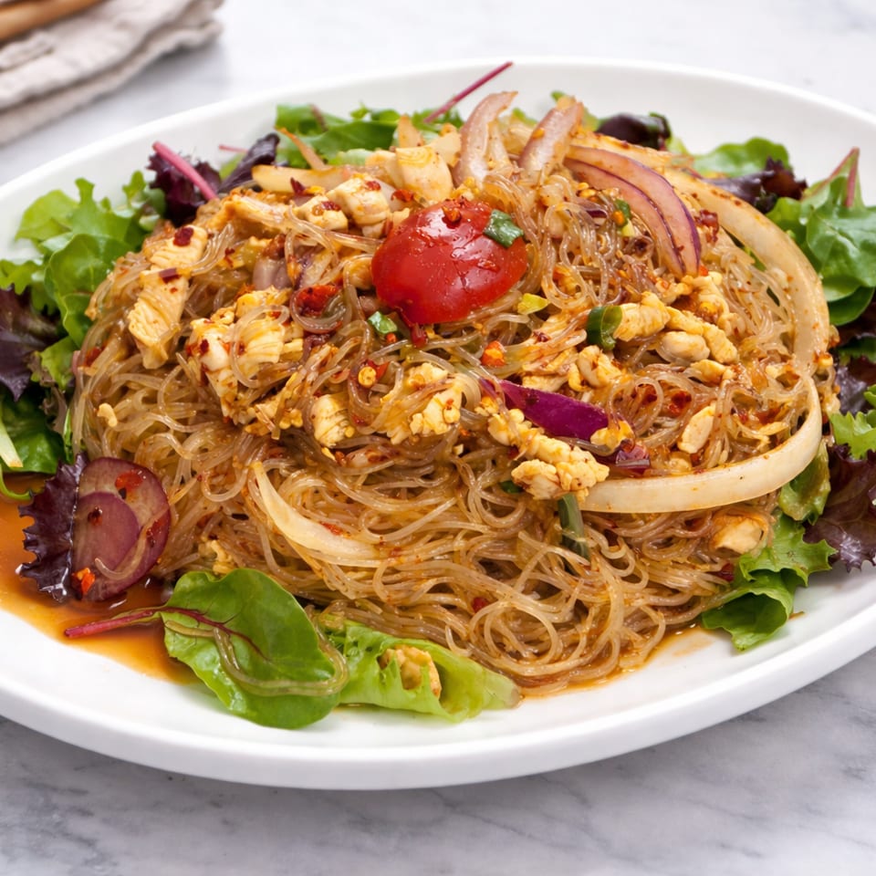 Spicy glass noodle salad with chicken, onions, tomato, chili flakes, and mixed greens on a white platter.