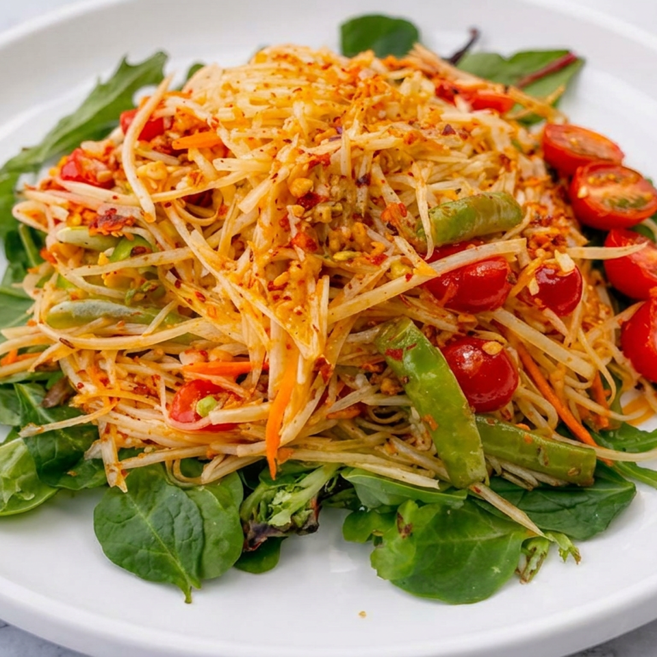 Spicy shredded green papaya salad with tomatoes, green beans, carrots, and sprouts served over leafy greens.