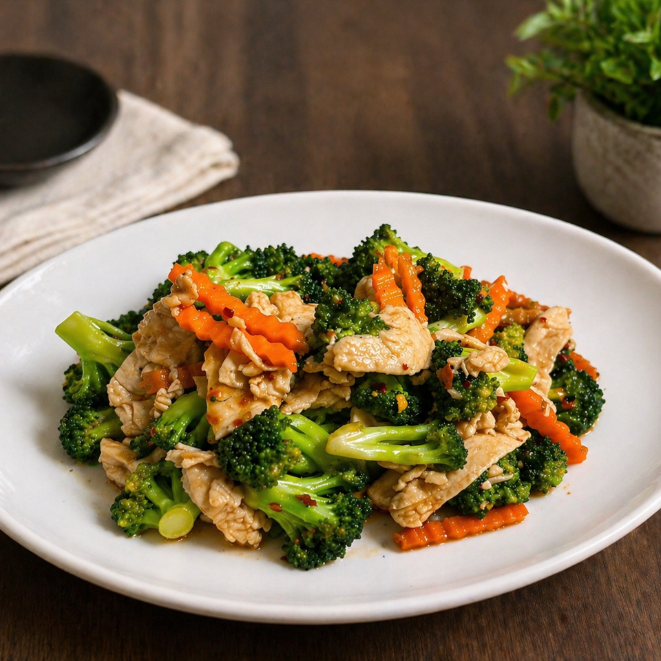 Plate of chicken stir-fry with broccoli, crinkle-cut carrots, and sauce on a wooden dining table.