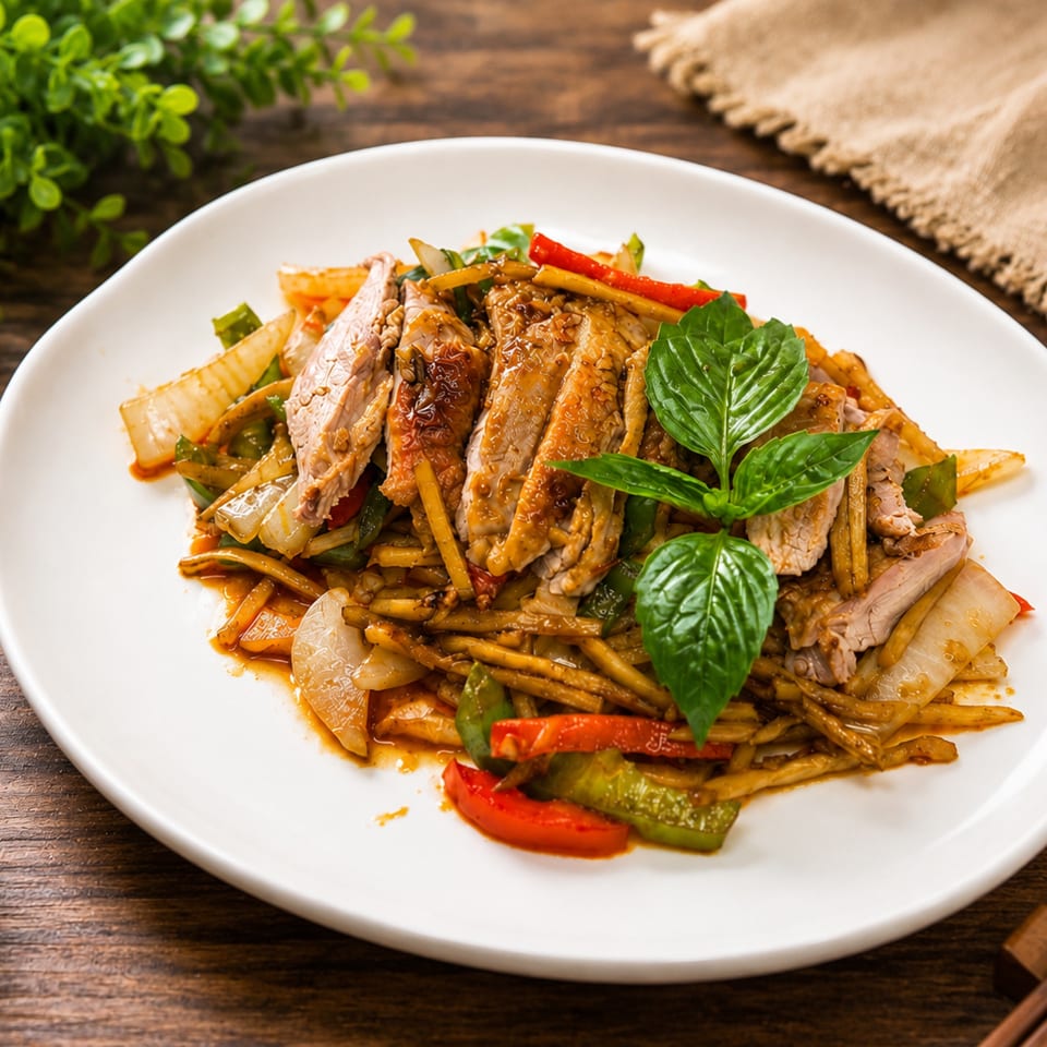 Stir-fried sliced meat with vegetables and basil leaves, served on a white plate beside chopsticks and chili flakes.