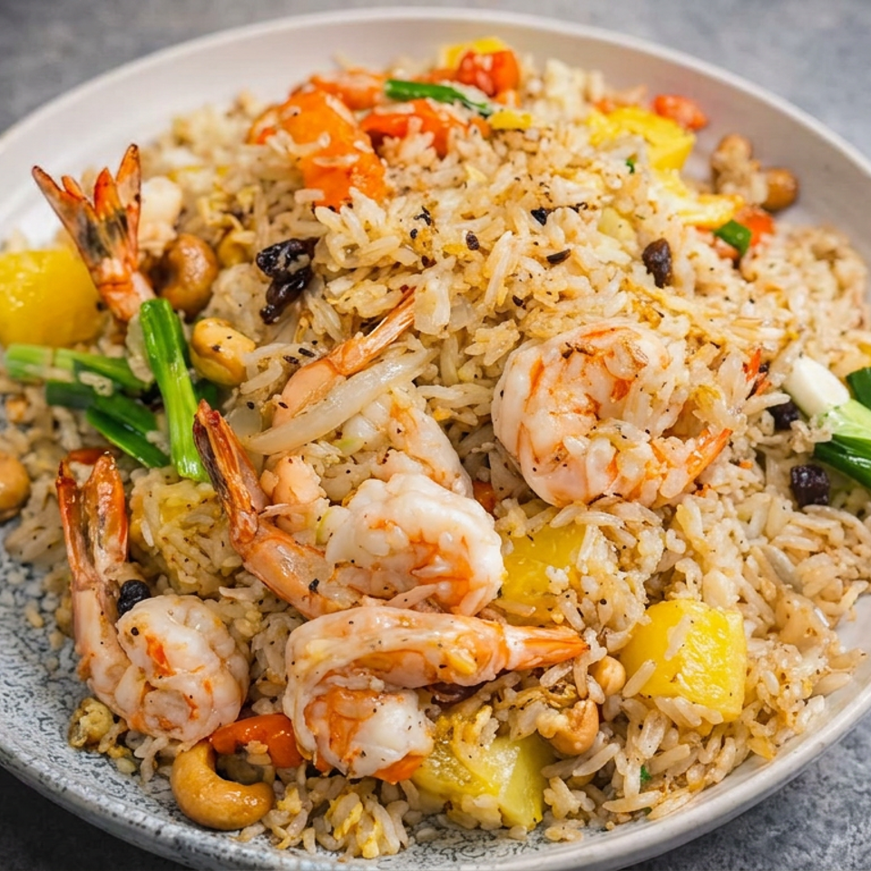 Plate of fried rice topped with shrimp, pineapple chunks, cashews, vegetables, and raisins.