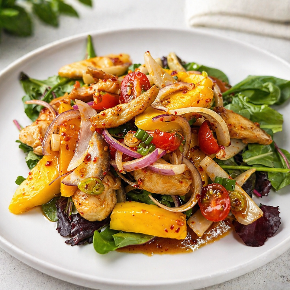 Grilled chicken and mango salad with mixed greens, tomatoes, onions, peppers, and spicy dressing on a white plate.