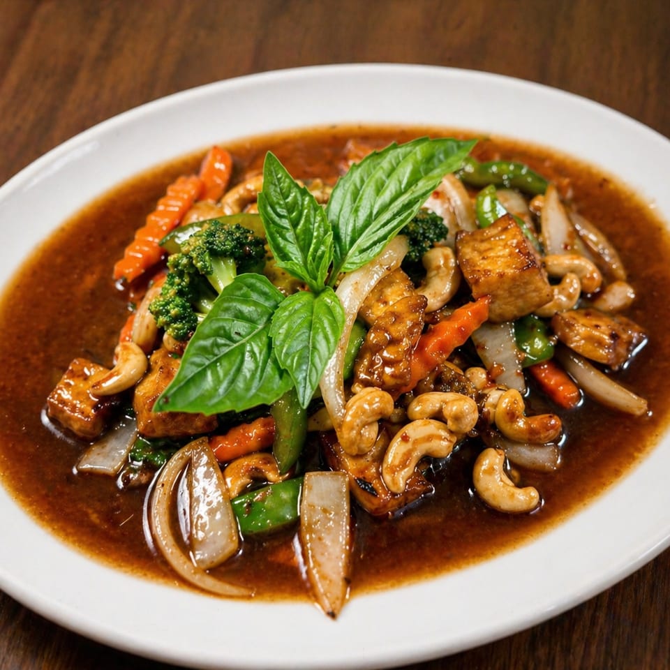 Thai-style stir-fried vegetables, tofu, cashews, and basil in glossy brown sauce on a white plate.